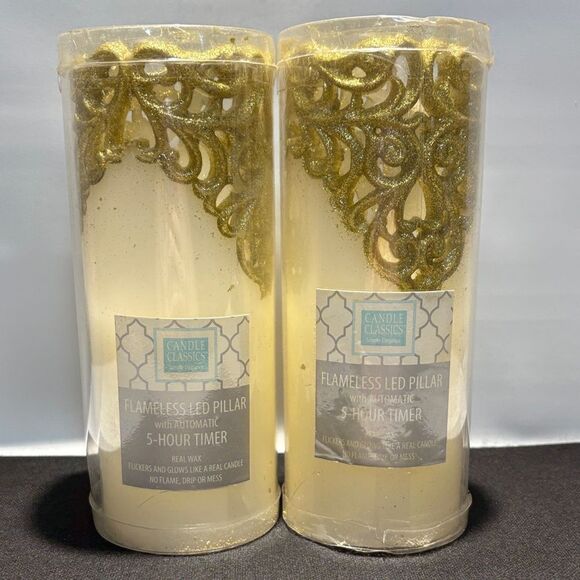 Impressions Flameless LED Pillar Candles - White and Gold - Picture 2 of 9